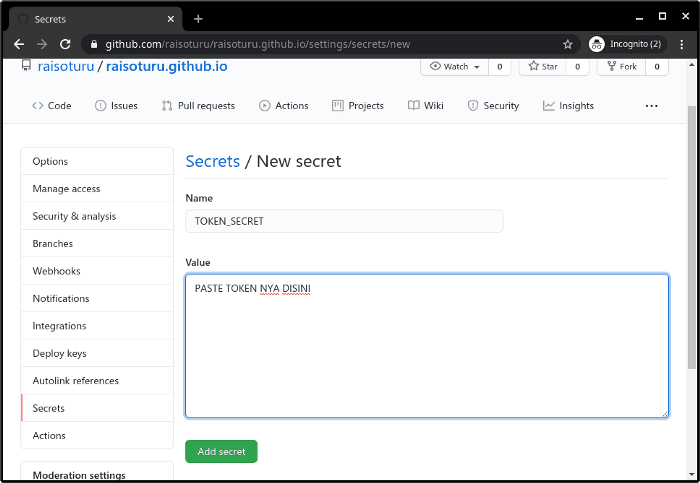 Memasukan token secret ke dalam repository kita